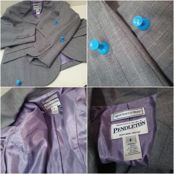 Vintage 90s Pendleton Savvy Wool Stretch Pinstripe Blazer Ladies-8 Repaired Grey - Picture 7 of 12
